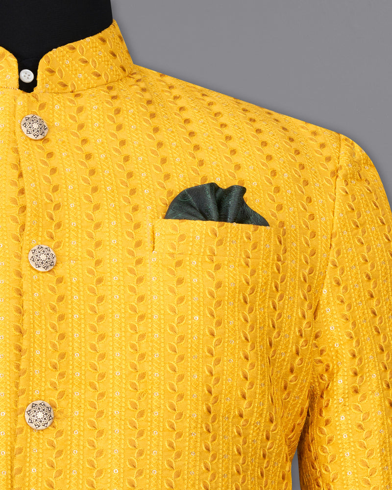 Mikado Yellow Cotton Thread Embroidered Bandhgala Jodhpuri Suit