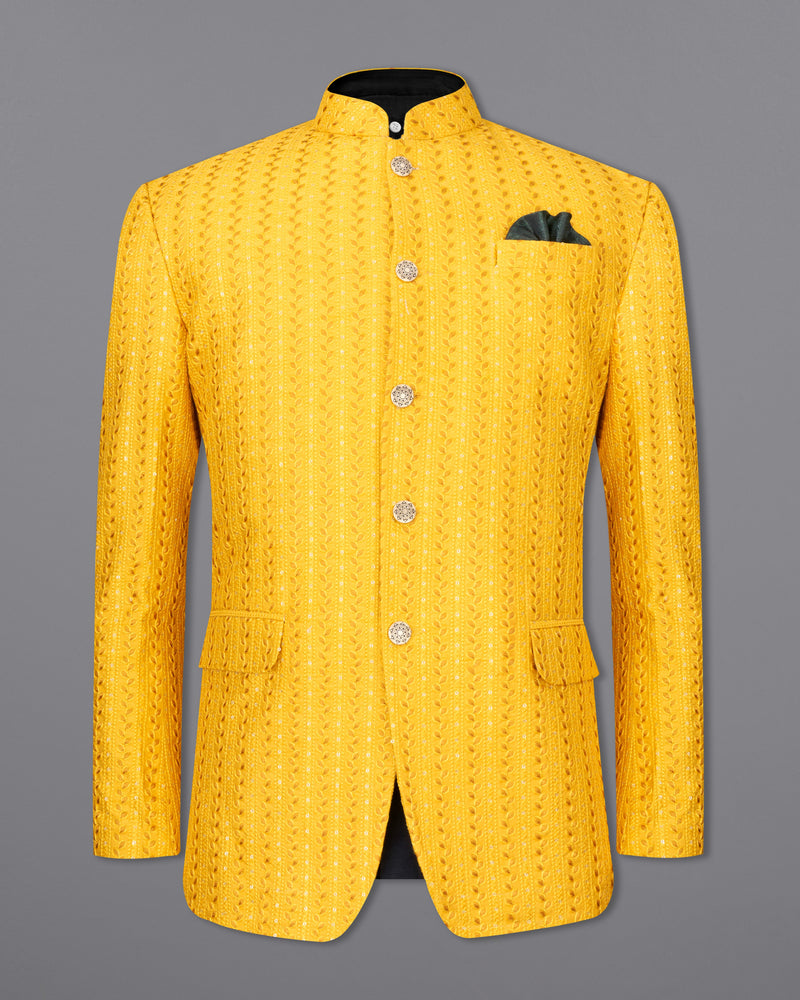 Mikado Yellow Cotton Thread Embroidered Bandhgala Jodhpuri Suit