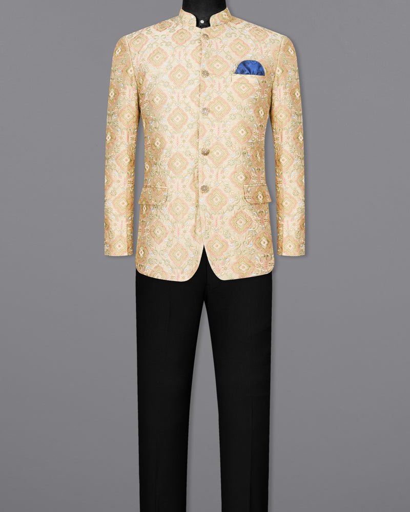 Navajo Brown with Oyster Pink and White Floral Thread Embroidered Bandhgala Jodhpuri Suit