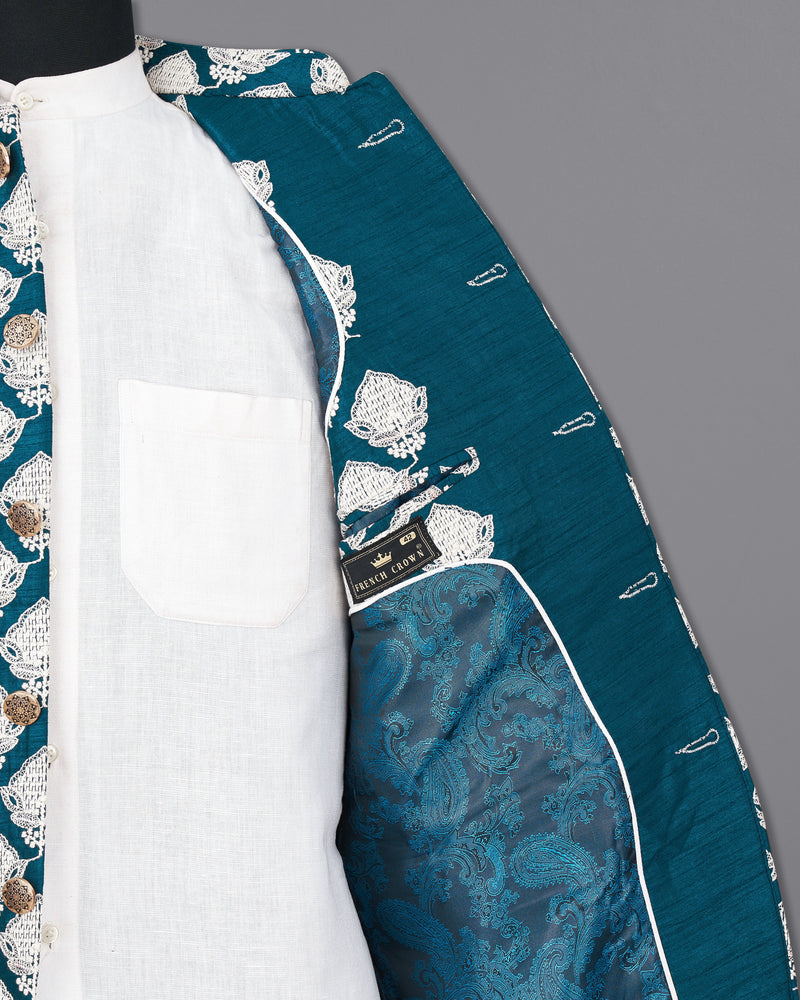 Rhino Blue with White Embroidered Bandhgala Jodhpuri Suit