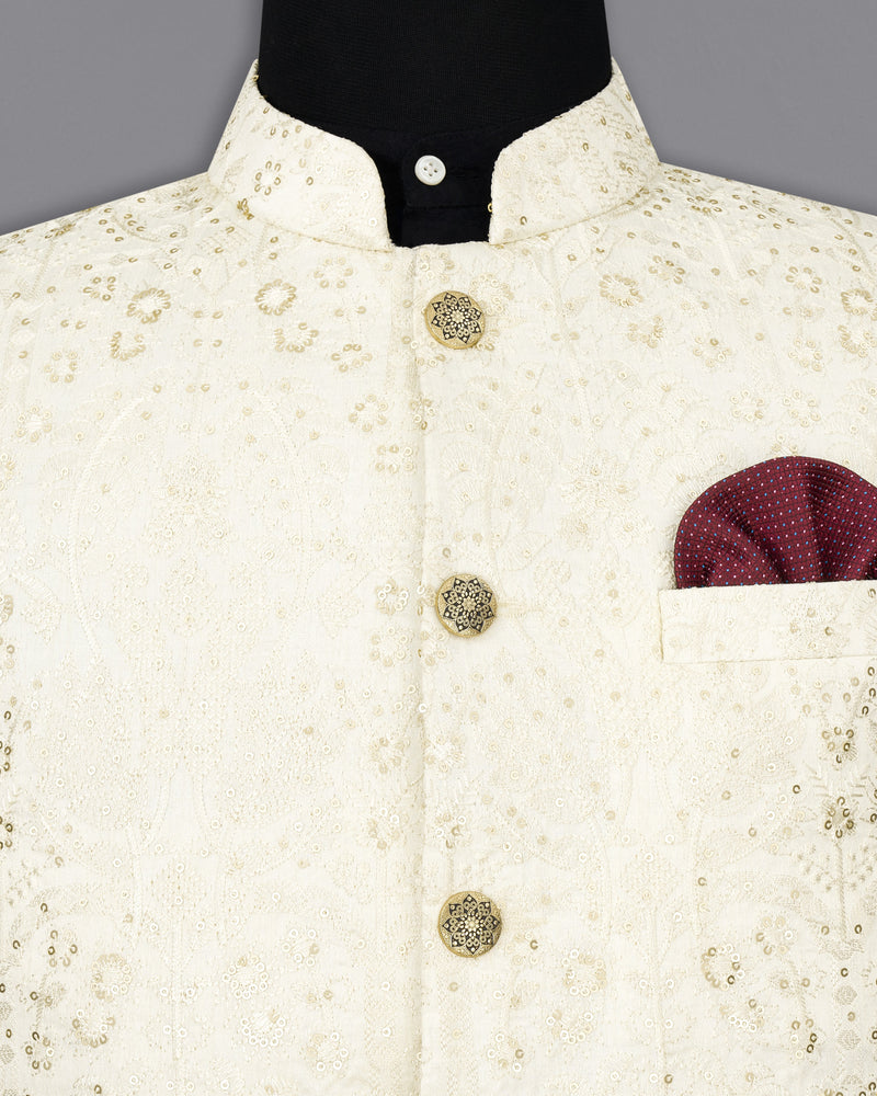 Merino Cream Cotton Thread Embroidered Bandhgala Jodhpuri Suit
