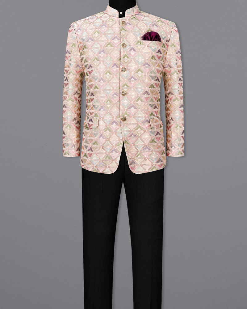 Vanilla Pink and Pixie Green Cotton Thread Embroidered Bandhgala Jodhpuri Suit