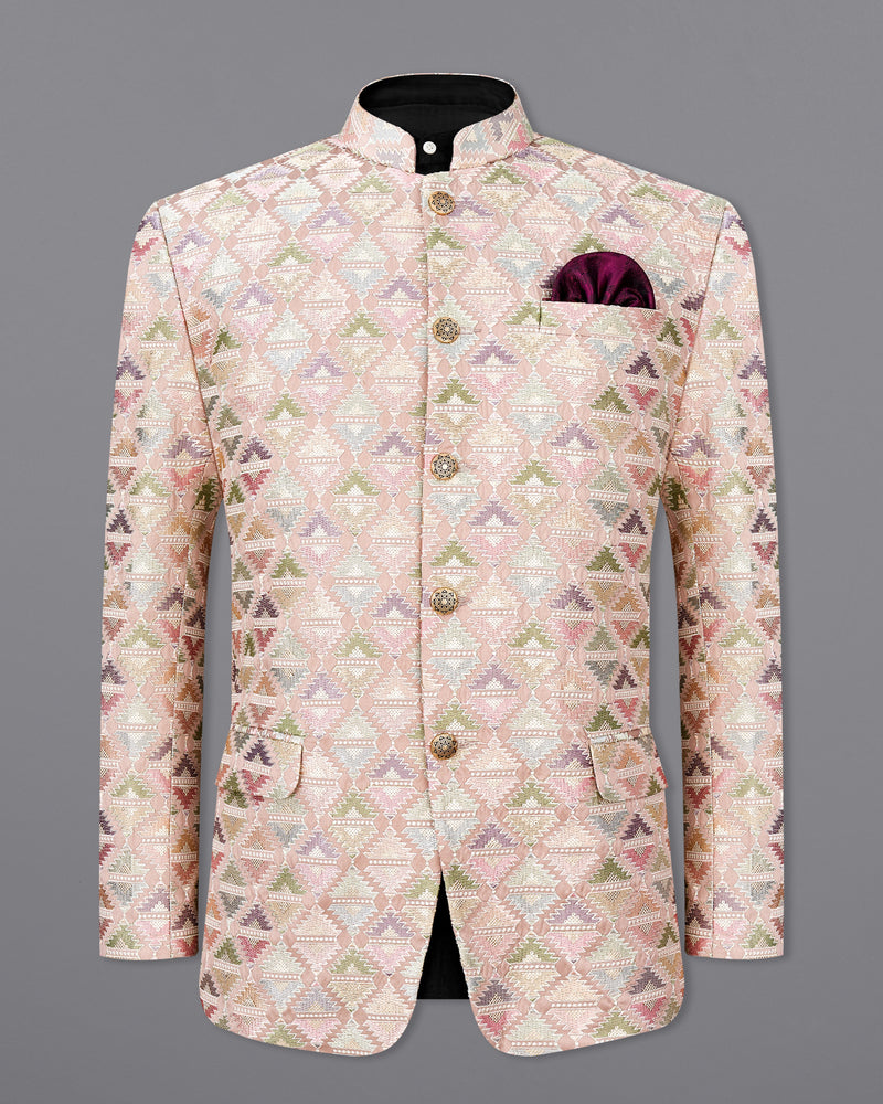 Vanilla Pink and Pixie Green Cotton Thread Embroidered Bandhgala Jodhpuri Suit