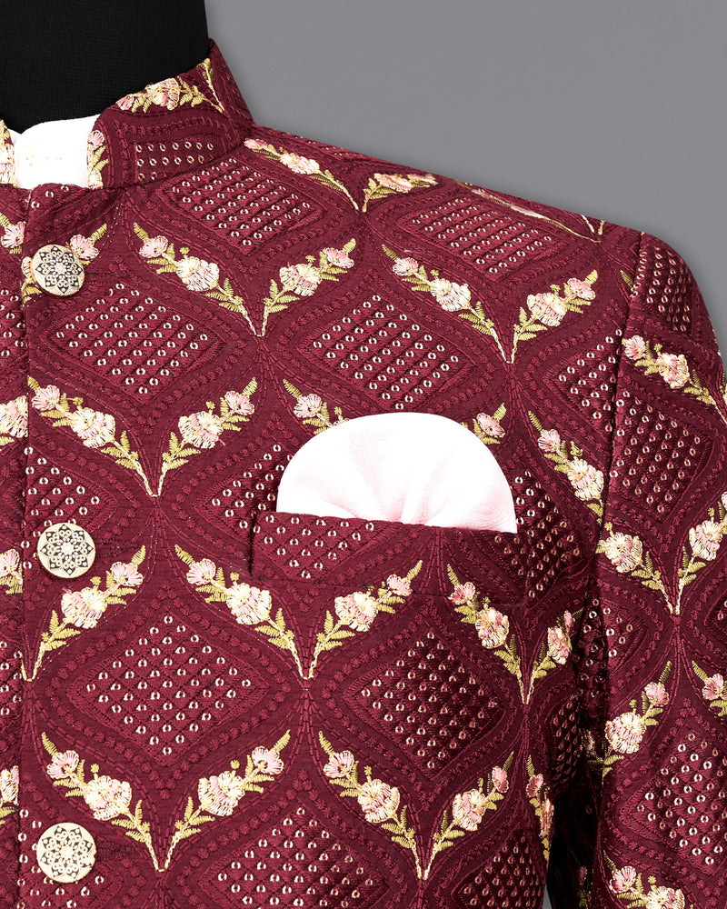 Wine with Lichen Green and Flamingo Pink Embroidered with Sequins Work Bandhgala Jodhpuri Suit