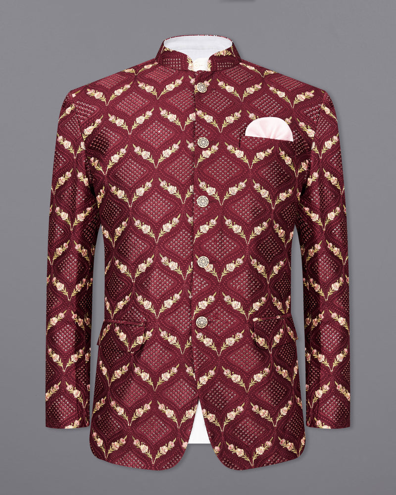 Wine with Lichen Green and Flamingo Pink Embroidered with Sequins Work Bandhgala Jodhpuri Suit