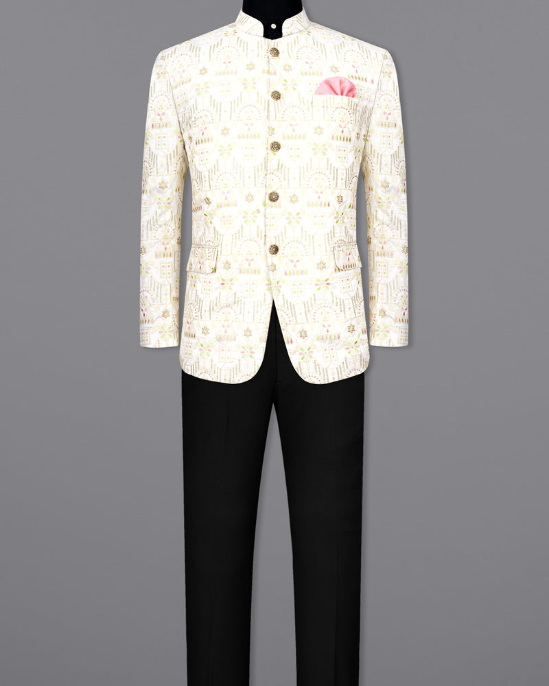Moon Mist Cream with faded Cream and Maize Green Cotton Thread Embroidered Bandhgala Jodhpuri Suit