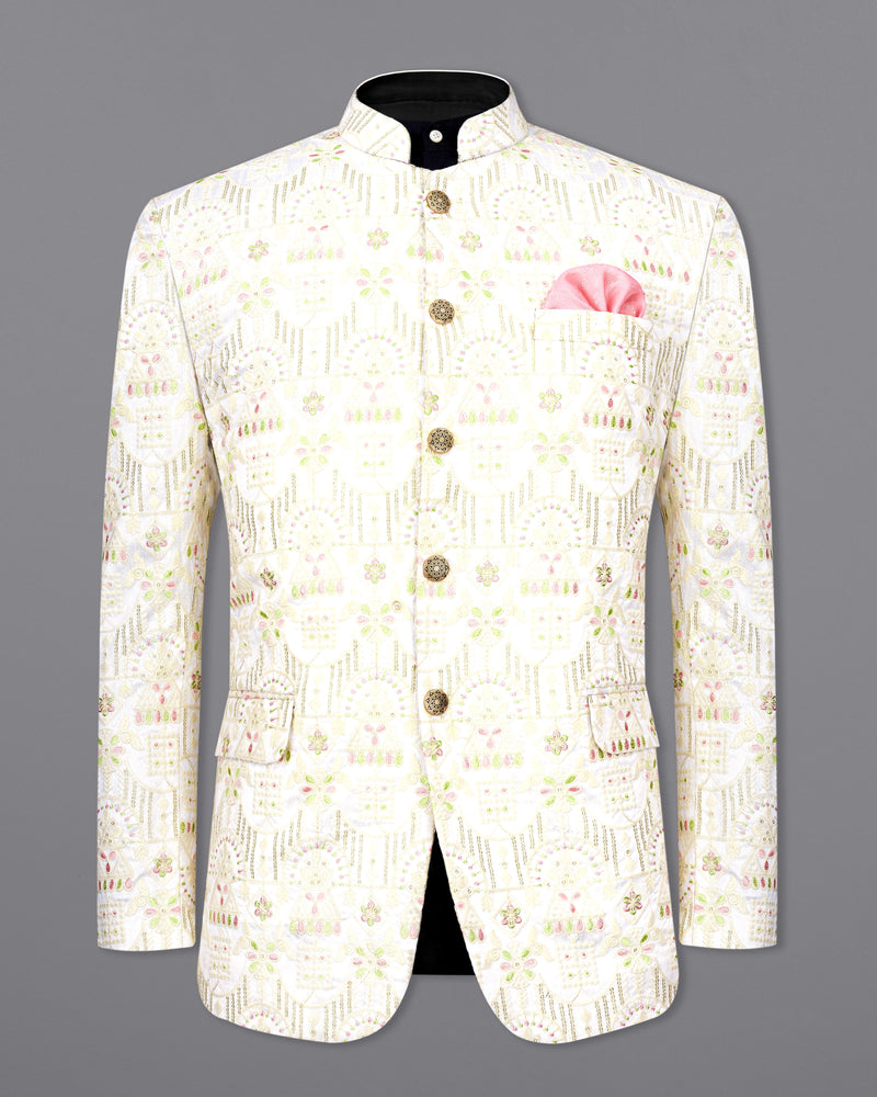 Moon Mist Cream with faded Cream and Maize Green Cotton Thread Embroidered Bandhgala Jodhpuri Suit
