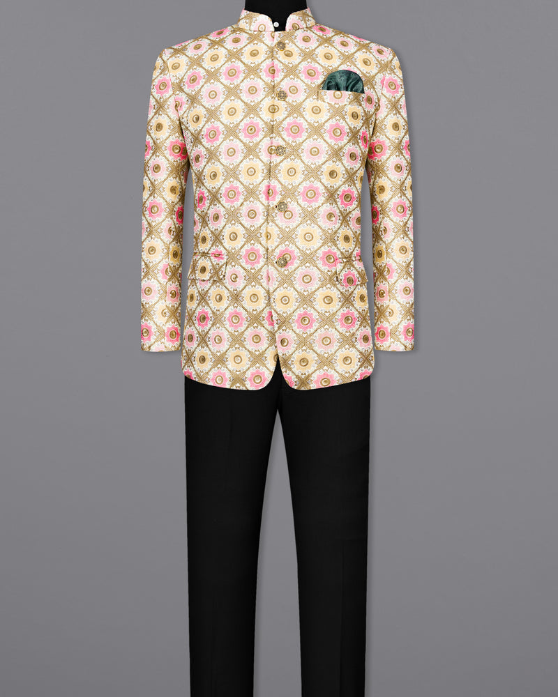 Fawn Brown with Muted Pink Cotton Thread Embroidered Bandhgala Jodhpuri Suit