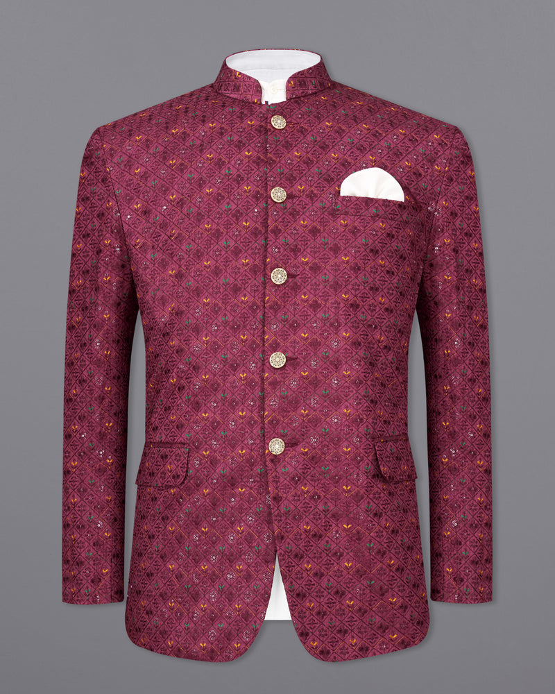 Old Mauve Maroon Cotton Thread Embroidered Bandhgala Jodhpuri Suit