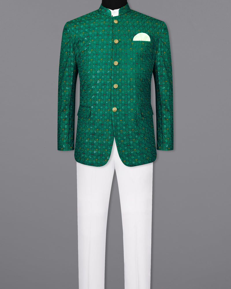 Jewel Green Cotton Thread Embroidered Bandhgala Jodhpuri Suit