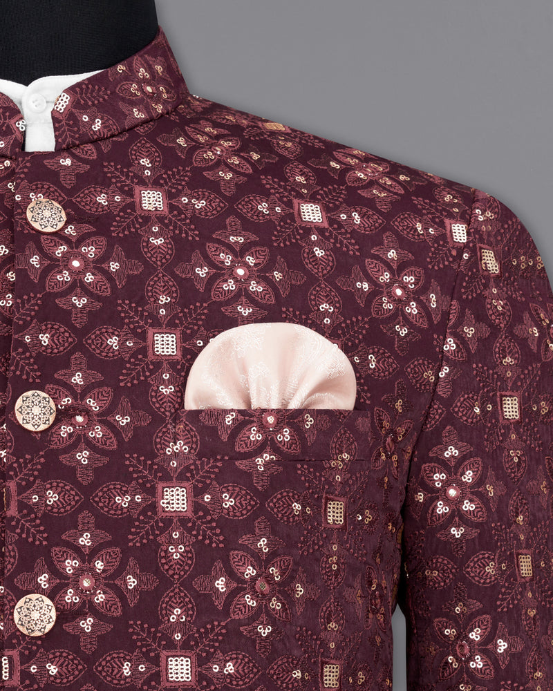 Cocoa Bean Maroon With Sequins Embroidered Bandhgala Jodhpuri Suit
