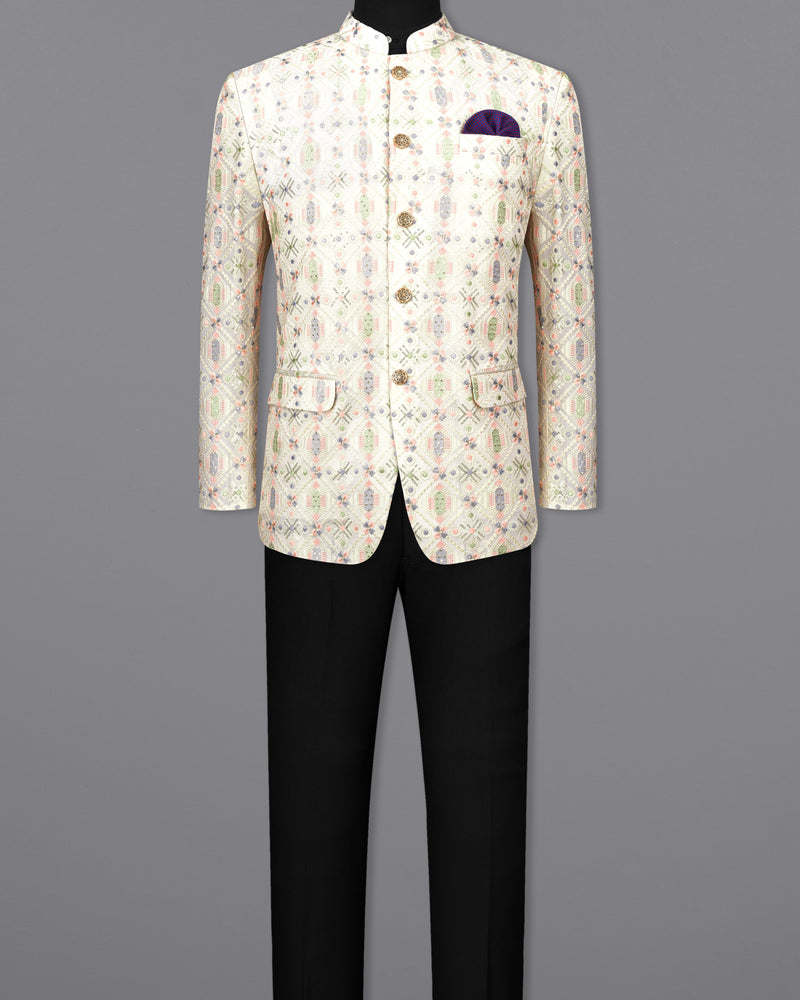 Swizzle Cream with Cotton Thread Embroidered Bandhgala Jodhpuri Suit