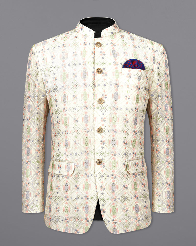 Swizzle Cream with Cotton Thread Embroidered Bandhgala Jodhpuri Suit