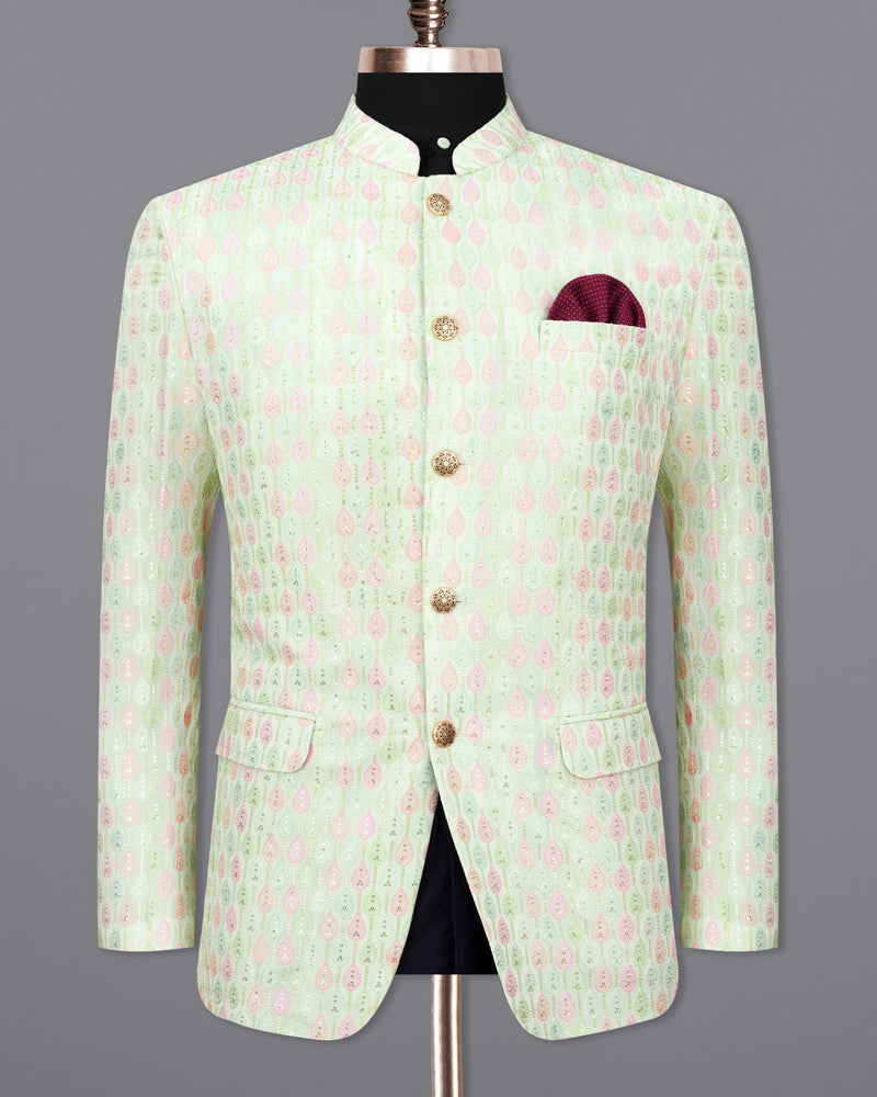 Mercury Green and Oyster Pink Cotton Thread Embroidered Bandhgala Jodhpuri Suit `