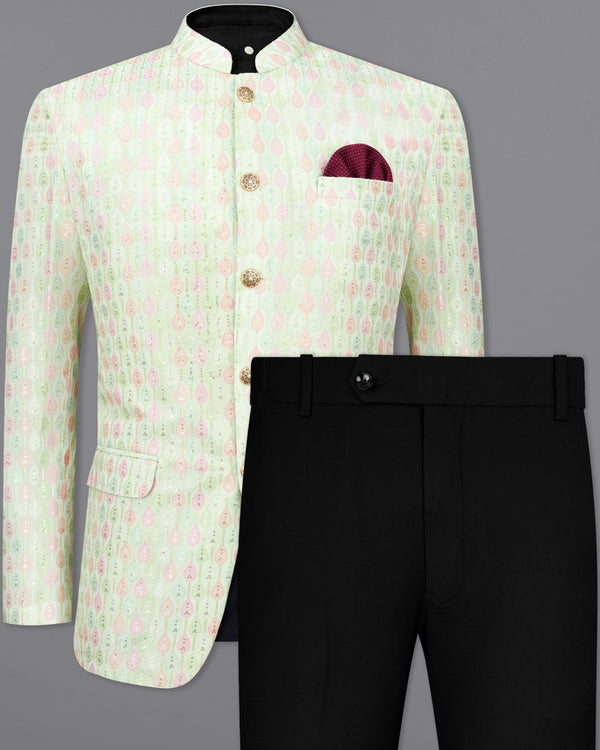 Mercury Green and Oyster Pink Cotton Thread Embroidered Bandhgala Jodhpuri Suit `