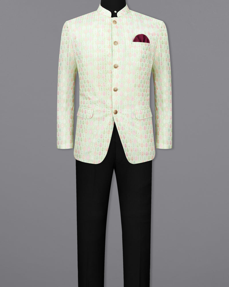 Mercury Green and Oyster Pink Cotton Thread Embroidered Bandhgala Jodhpuri Suit `