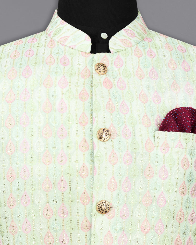 Mercury Green and Oyster Pink Cotton Thread Embroidered Bandhgala Jodhpuri Suit `