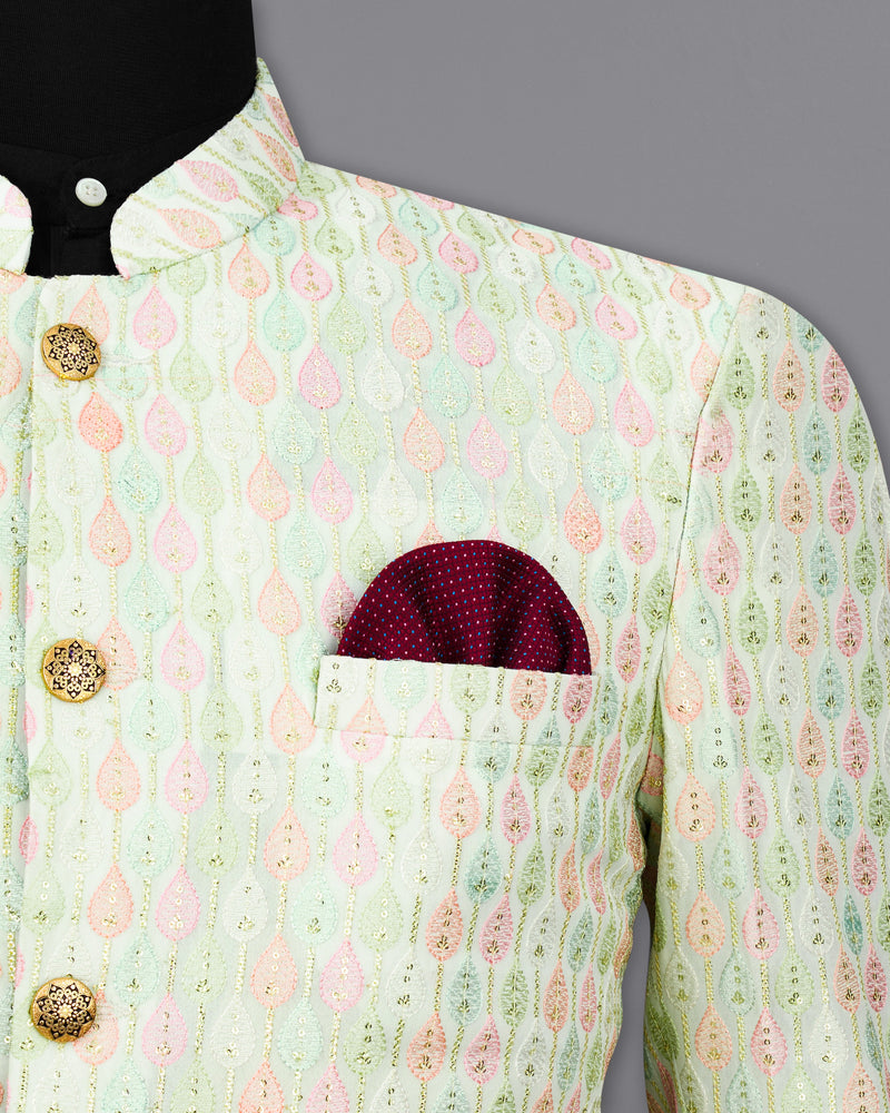 Mercury Green and Oyster Pink Cotton Thread Embroidered Bandhgala Jodhpuri Suit `