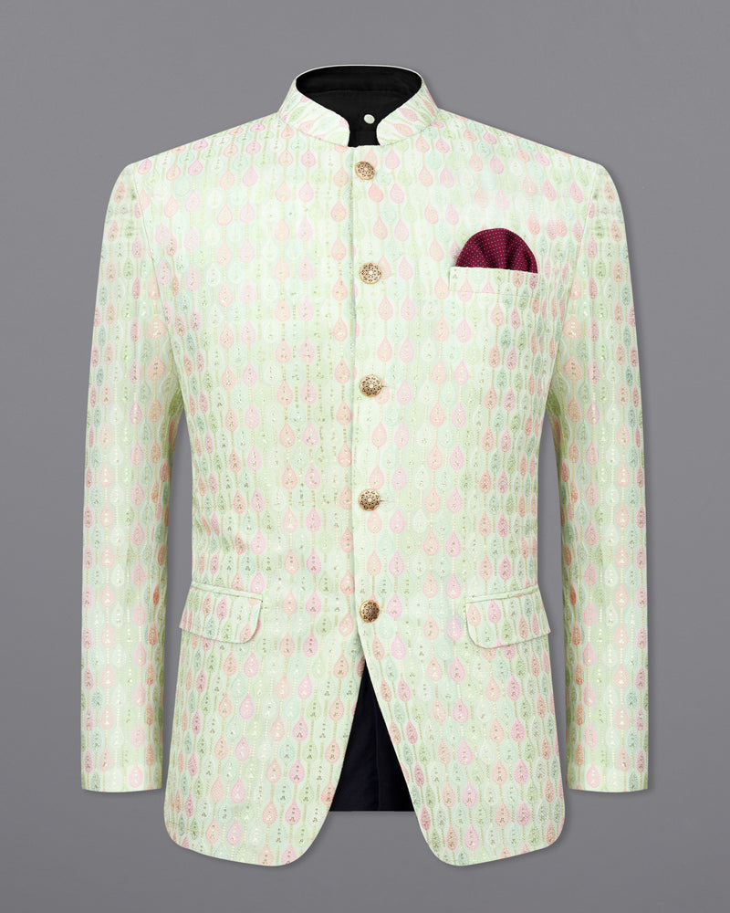 Mercury Green and Oyster Pink Cotton Thread Embroidered Bandhgala Jodhpuri Suit `