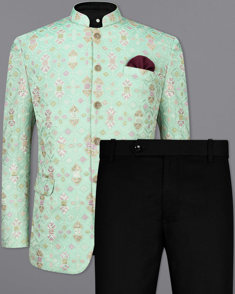 Coriander Green Thread Embroidered Bandhgala Jodhpuri Suit