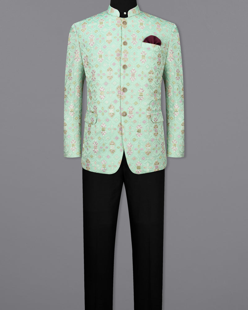 Coriander Green Thread Embroidered Bandhgala Jodhpuri Suit