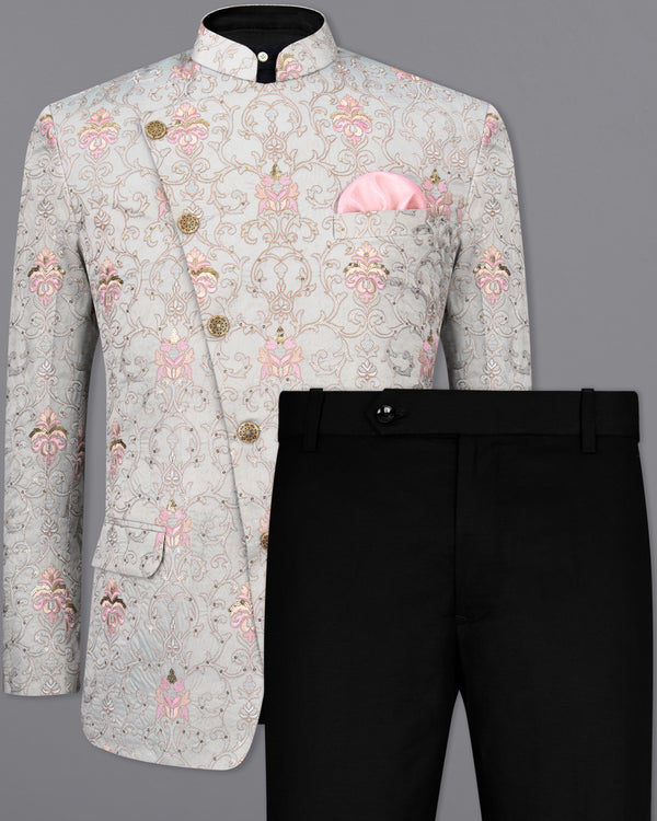 Nebula Gray and Thread Embroidered Cross Buttoned Bandhgala Suit