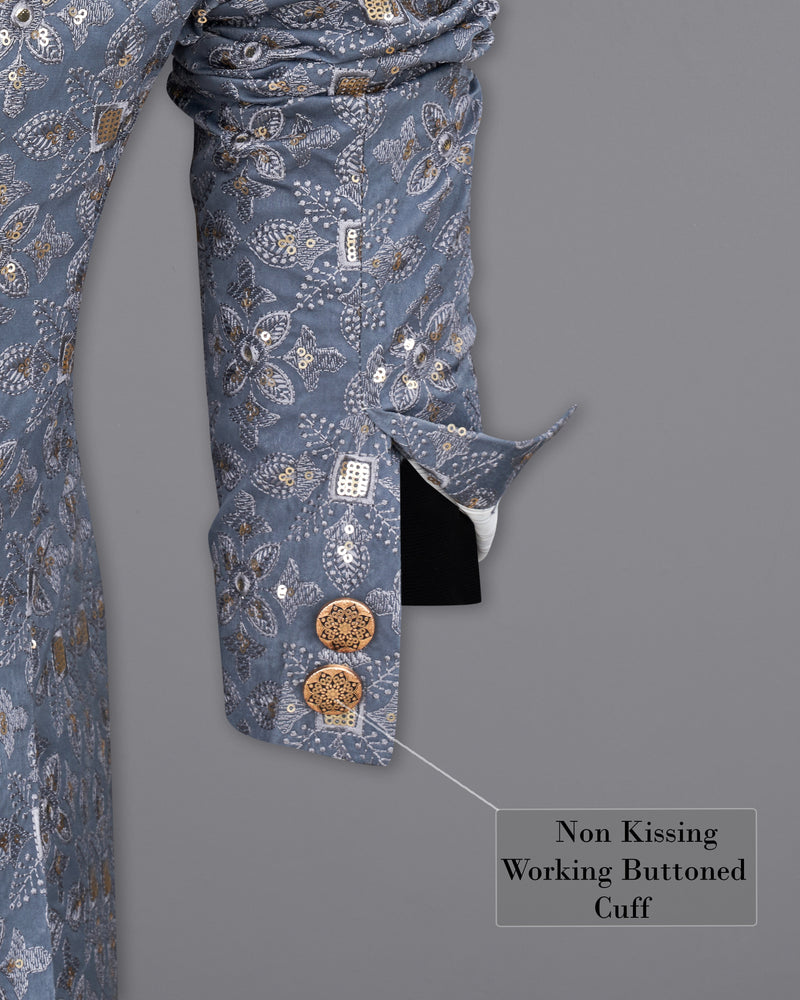 Storm Gray Sequin Embroidered Cross Buttoned Bandhgala Suit
