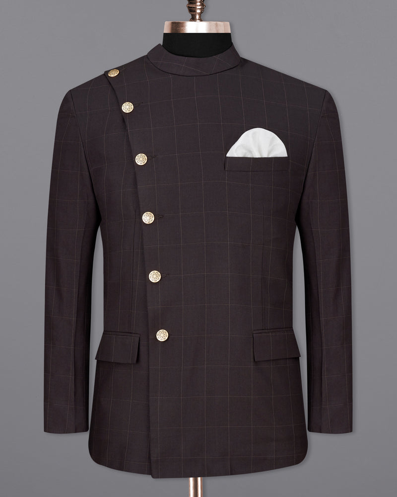 Piano Brown Windowpane Cross Buttoned Bandhgala Suit