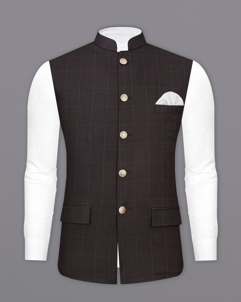 Piano Brown Windowpane Cross Buttoned Bandhgala Suit