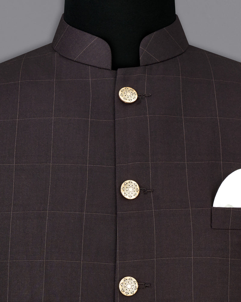 Piano Brown Windowpane Cross Buttoned Bandhgala Suit