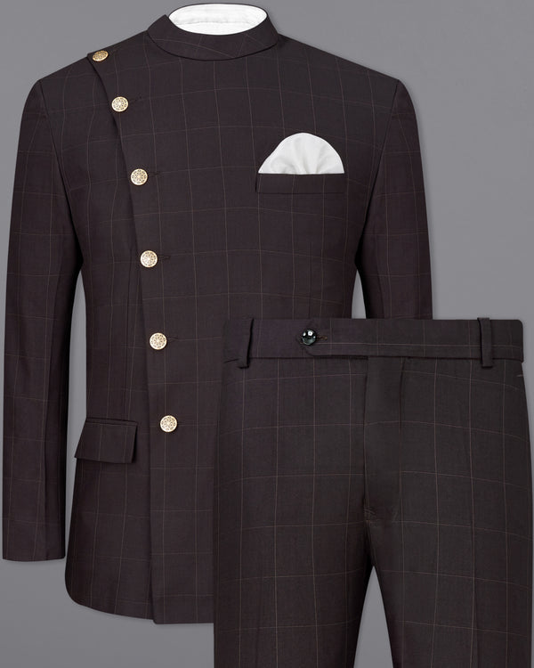 Piano Brown Windowpane Cross Buttoned Bandhgala Suit