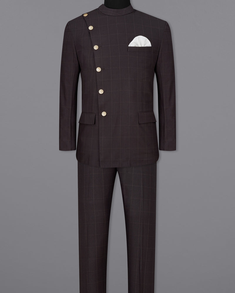 Piano Brown Windowpane Cross Buttoned Bandhgala Suit