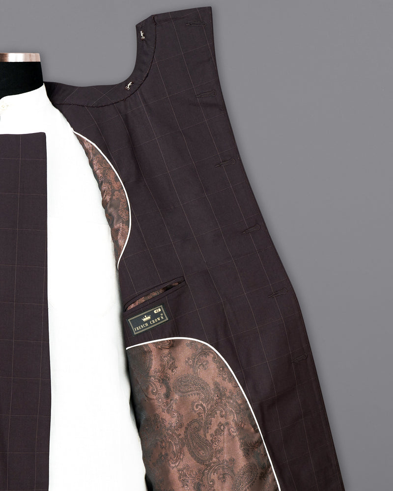 Piano Brown Windowpane Cross Buttoned Bandhgala Suit