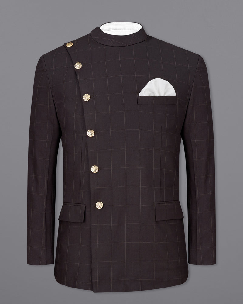 Piano Brown Windowpane Cross Buttoned Bandhgala Suit