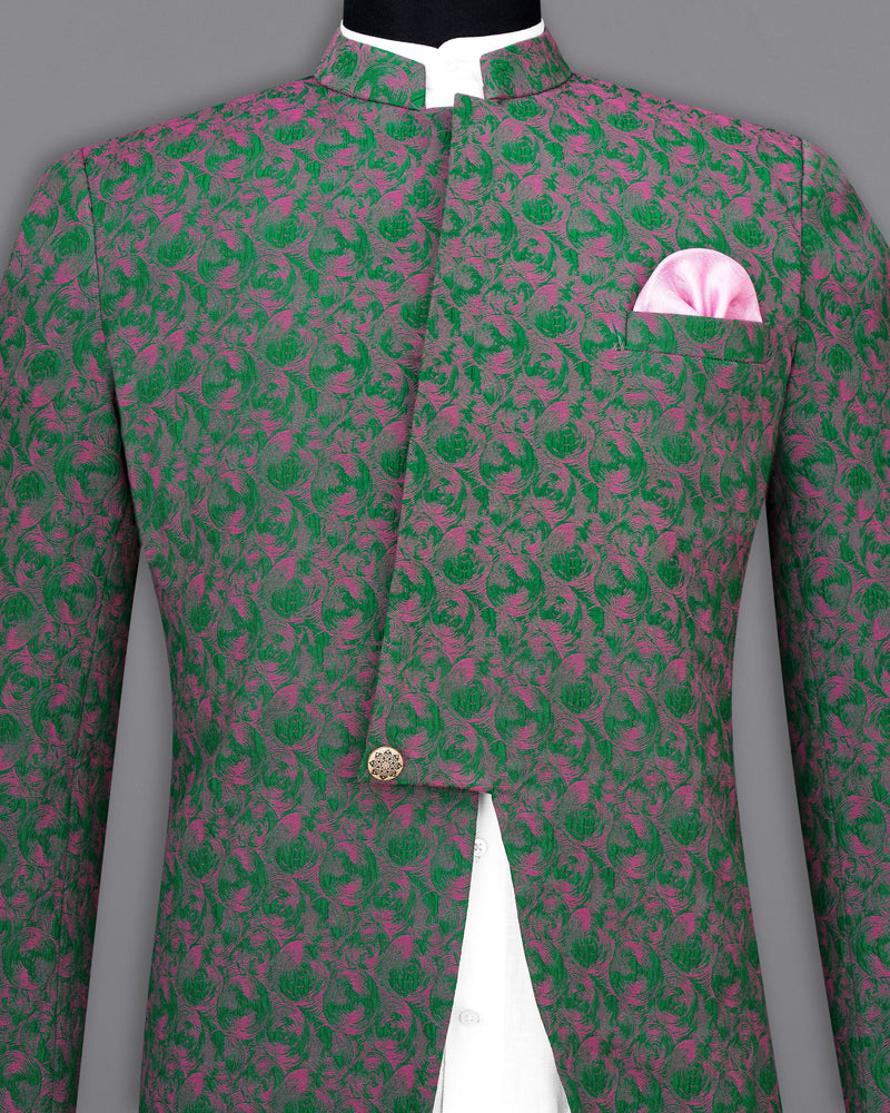 Dartmouth Green with Mulberry Pink Ditsy Textured Bandhgala Designer Suit