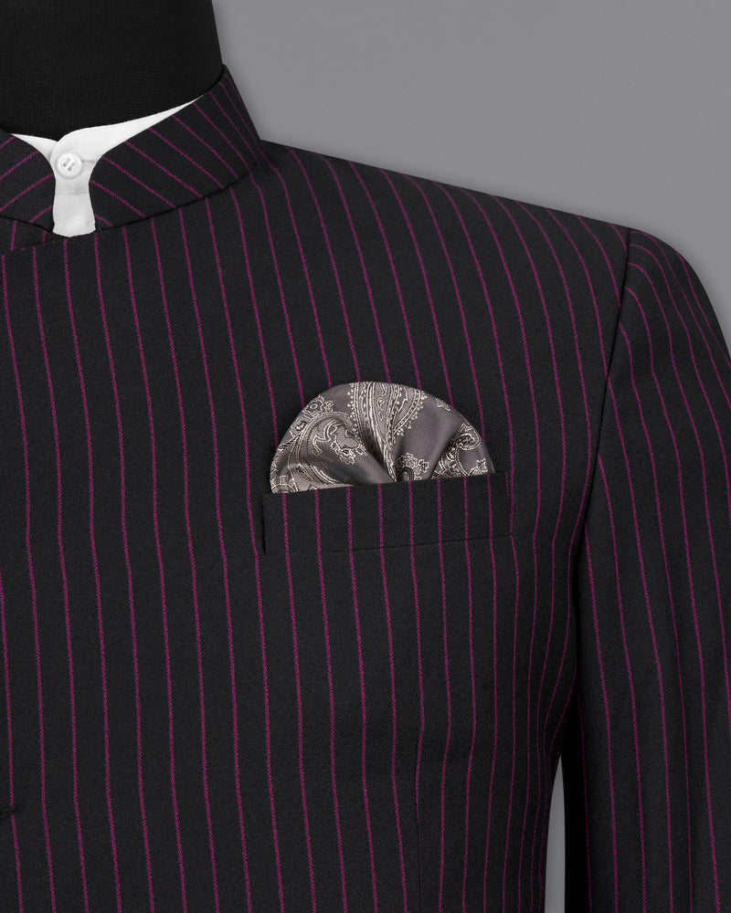 Zeus Black with Dark Mauve Pink Striped Cross-Buttoned Bandhgala Suit