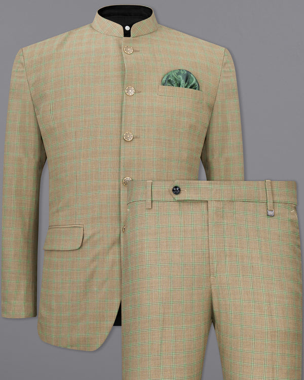 Sandrift Brown with Sprout Green Plaid Bandhgala Suit