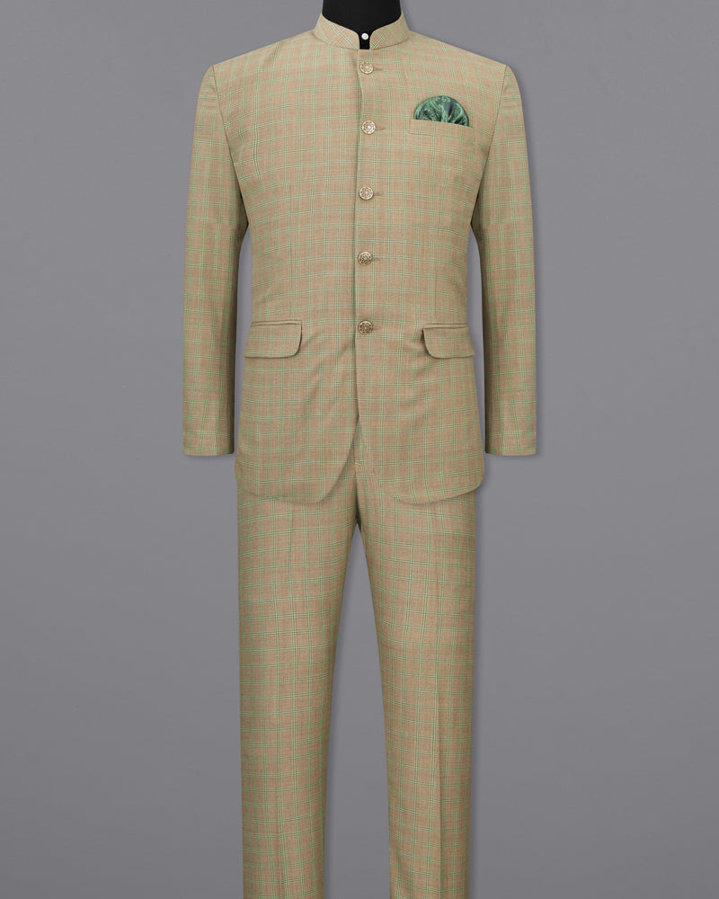Sandrift Brown with Sprout Green Plaid Bandhgala Suit