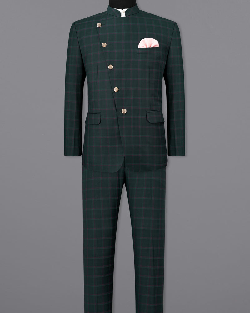 Timber Green Plaid Cross-Buttoned Bandhgala Suit