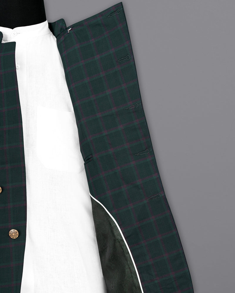 Timber Green Plaid Cross-Buttoned Bandhgala Suit