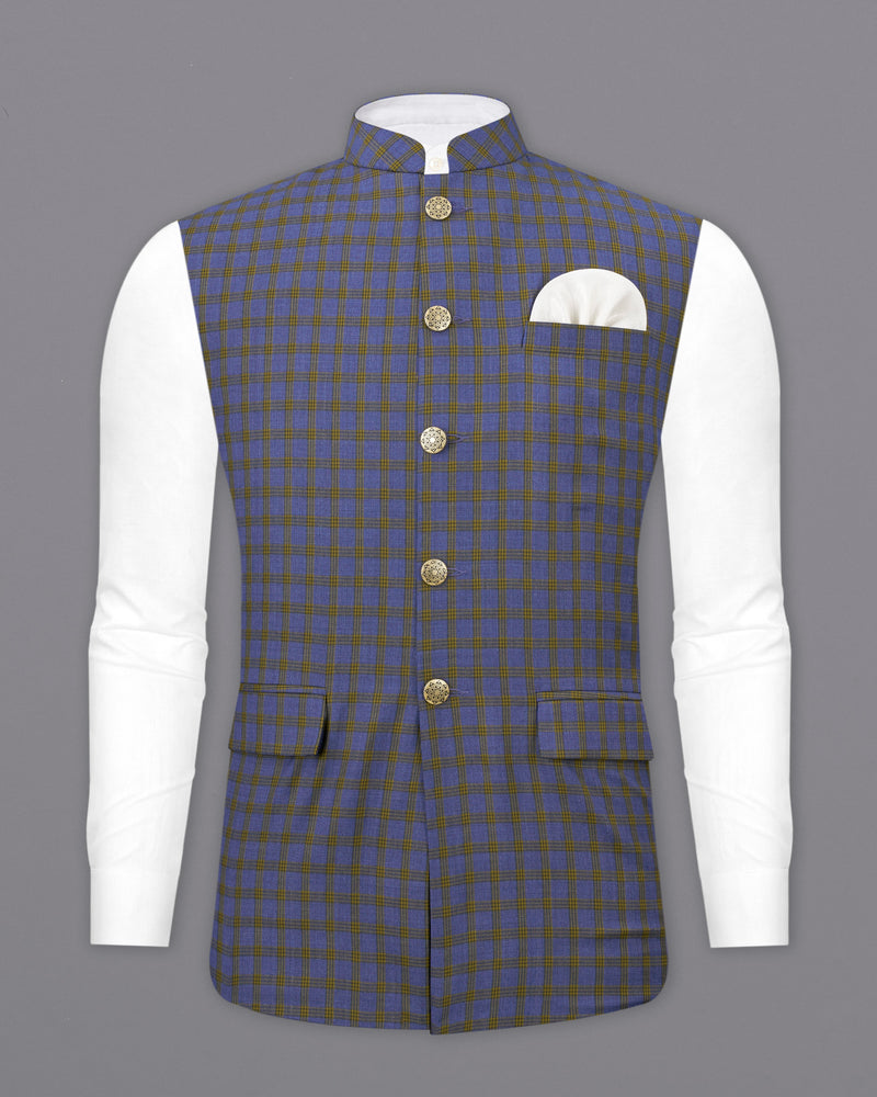 Twilight Blue with Alpine Brown Plaid Cross Buttoned Bandhgala Suit