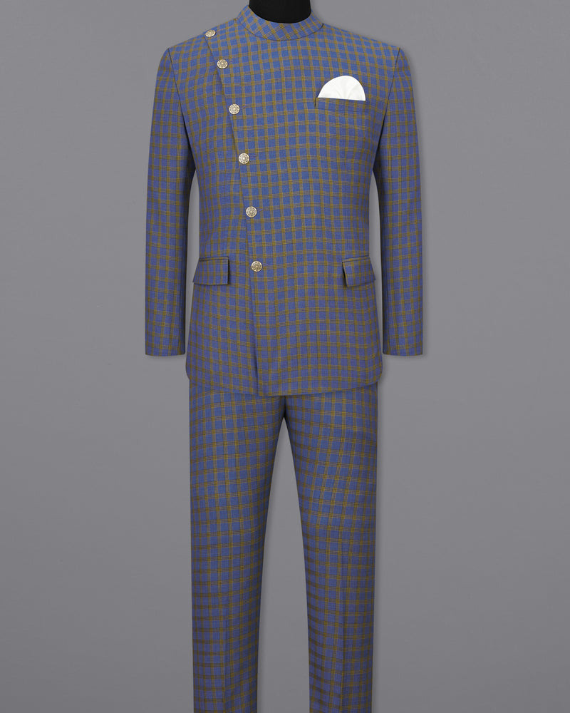 Twilight Blue with Alpine Brown Plaid Cross Buttoned Bandhgala Suit