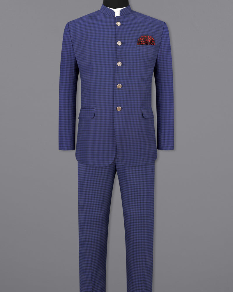 Victoria Blue Gingham Checkered Bandhgala Suit