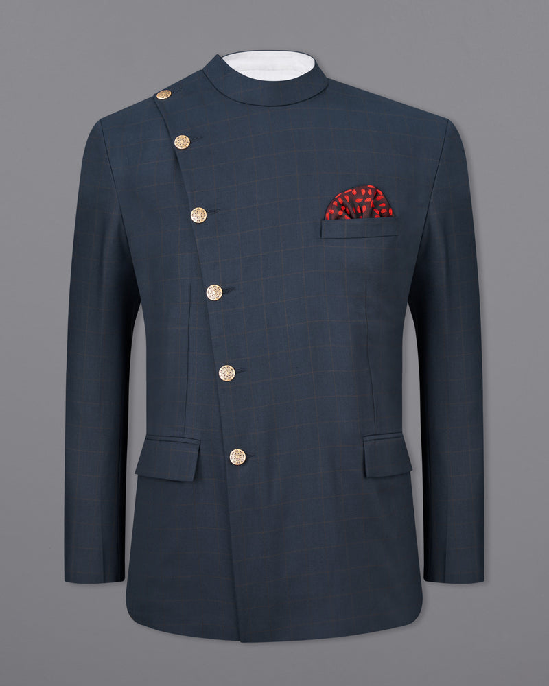 Ebony Clay Blue Windowpane Cross Buttoned Bandhgaala Suit