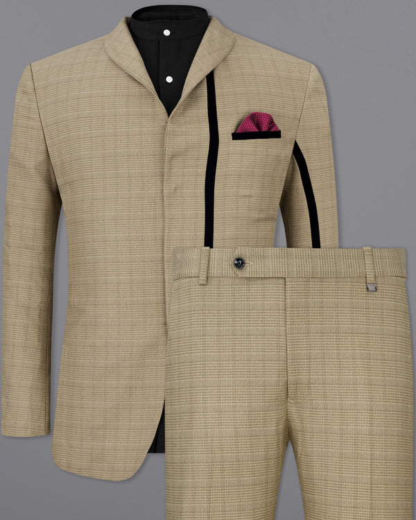 Pale Taupe Brown Plaid with Black Patchwork Wool Rich Suit