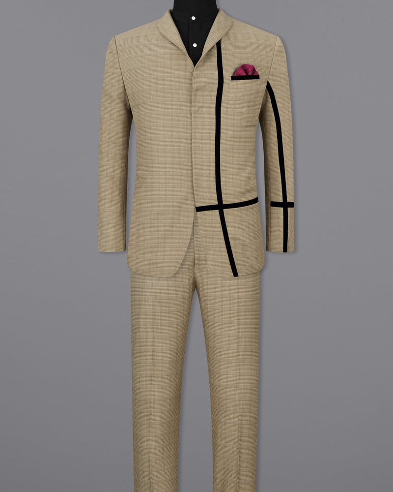 Pale Taupe Brown Plaid with Black Patchwork Wool Rich Suit