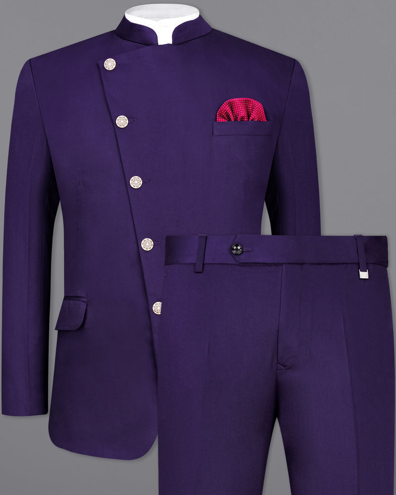 Space Blue Cross Buttoned Bandhgala/Mandarin Wool blend Suit