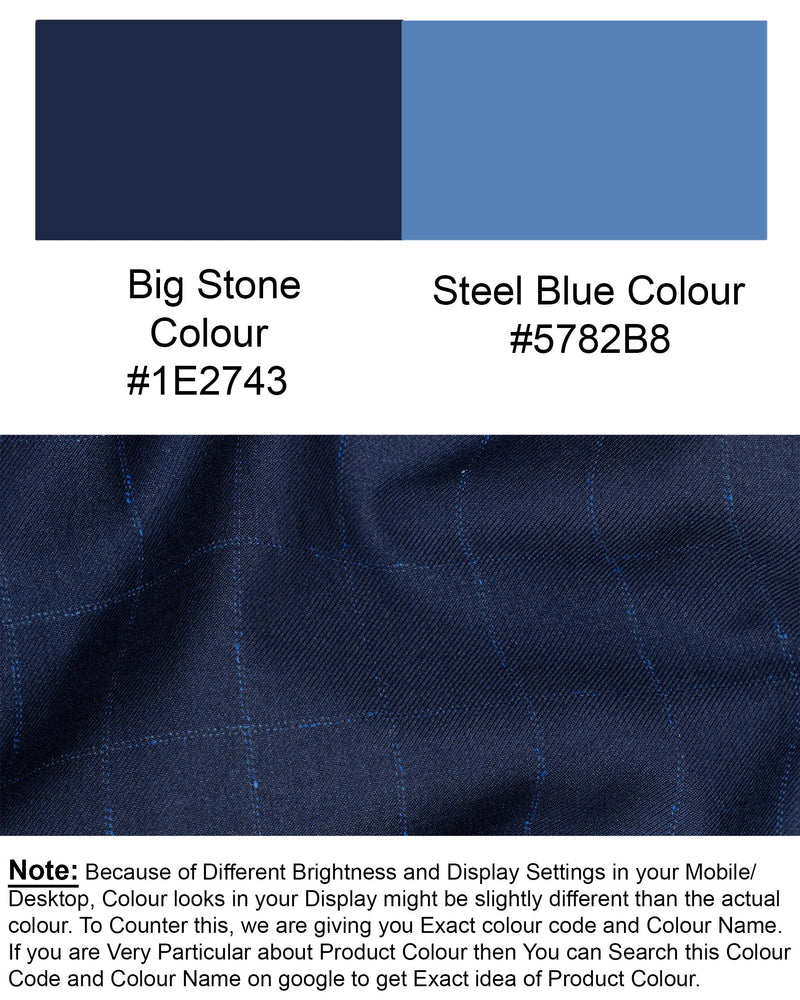 Big Stone Blue Super fine Subtle Checkered Wool Rich Pant T1606-28, T1606-30, T1606-32, T1606-34, T1606-36, T1606-38, T1606-40, T1606-42, T1606-44