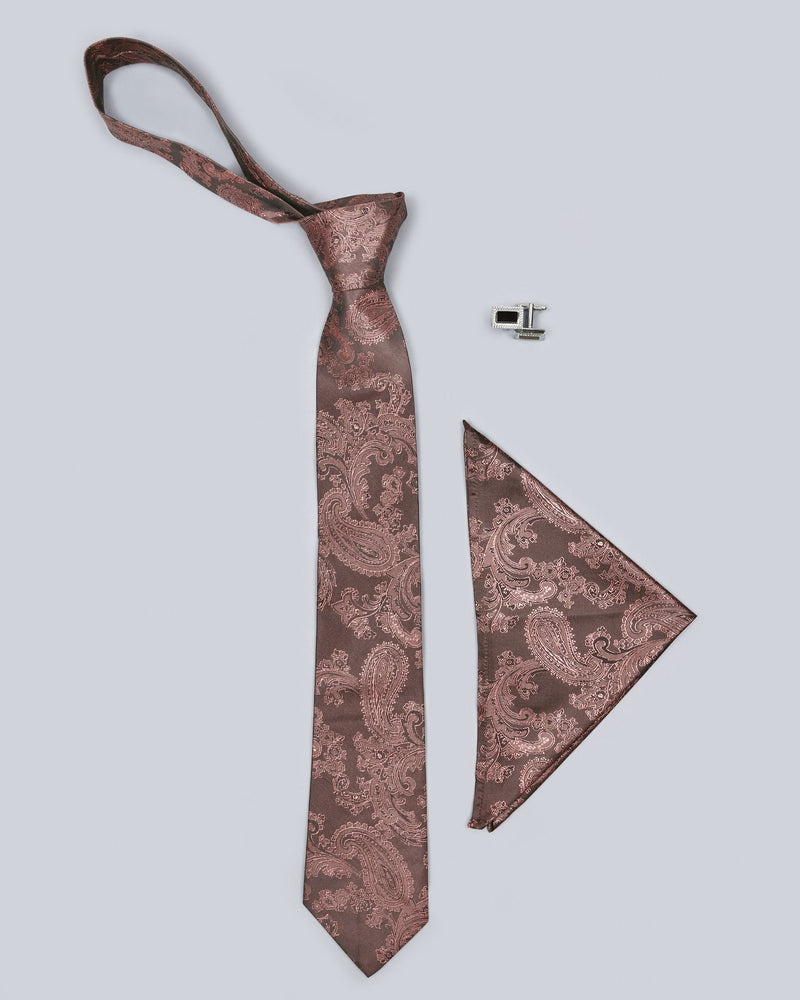 Walnut Brown Paisley Jacquard Tie, Pocket square and Silver Cufflinks TC09