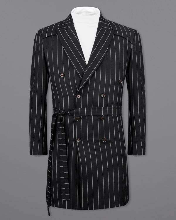 Jaguar Black with Concrete Gray Striped Double Breasted Belt Closure Trench Coat Belt Closure